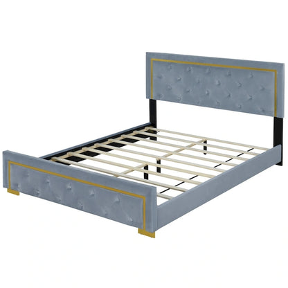 Gray Queen Size Upholstered Platform Bed with Pull Point Headboard and Metal Frame