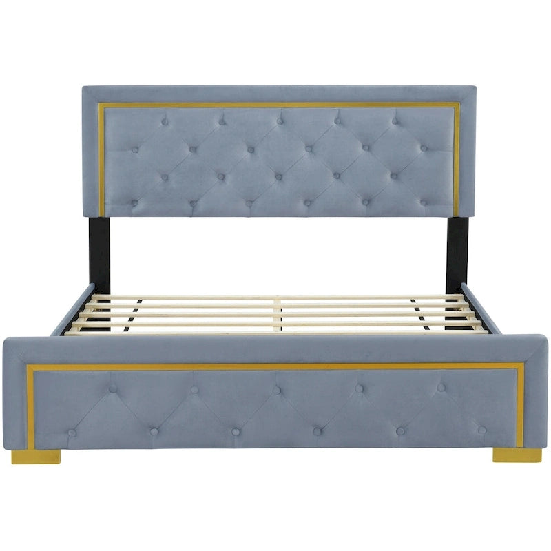 Gray Queen Size Upholstered Platform Bed with Pull Point Headboard and Metal Frame