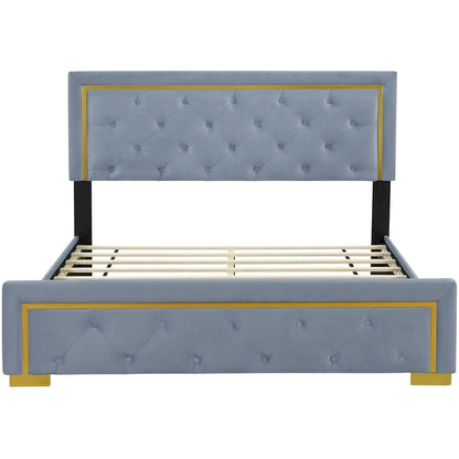 Gray Queen Size Upholstered Platform Bed with Pull Point Headboard and Metal Frame