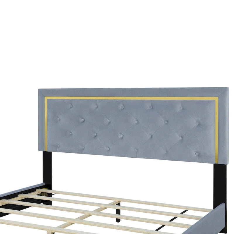 Gray Queen Size Upholstered Platform Bed with Pull Point Headboard and Metal Frame