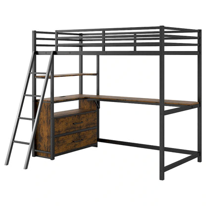 Black Twin Size Metal Wood Loft Bed with Desk, Drawers, and USB