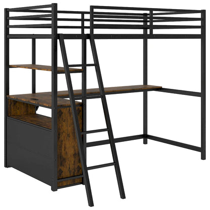 Black Twin Size Metal Wood Loft Bed with Desk, Drawers, and USB