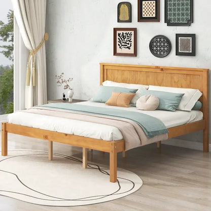 Espresso Queen Size Pine Wooden Platform Bed with Headboard and Wood Slat Support