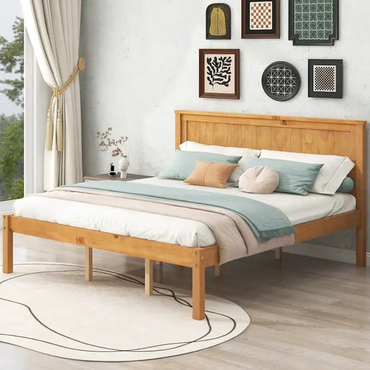 Espresso Queen Size Pine Wooden Platform Bed with Headboard and Wood Slat Support
