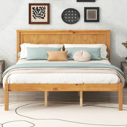 Espresso Queen Size Pine Wooden Platform Bed with Headboard and Wood Slat Support