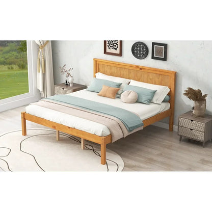 Espresso Queen Size Pine Wooden Platform Bed with Headboard and Wood Slat Support