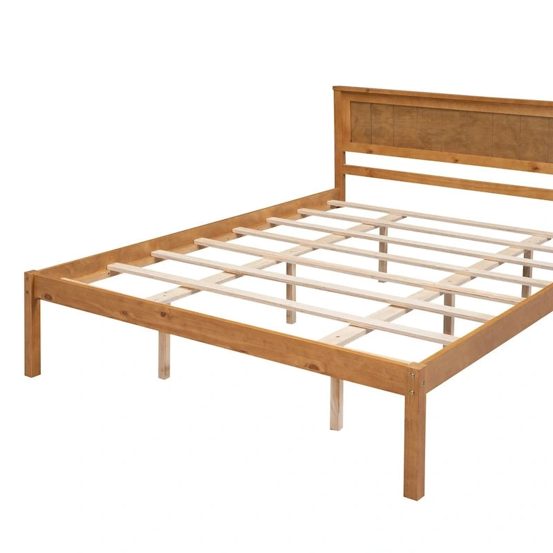 Espresso Queen Size Pine Wooden Platform Bed with Headboard and Wood Slat Support