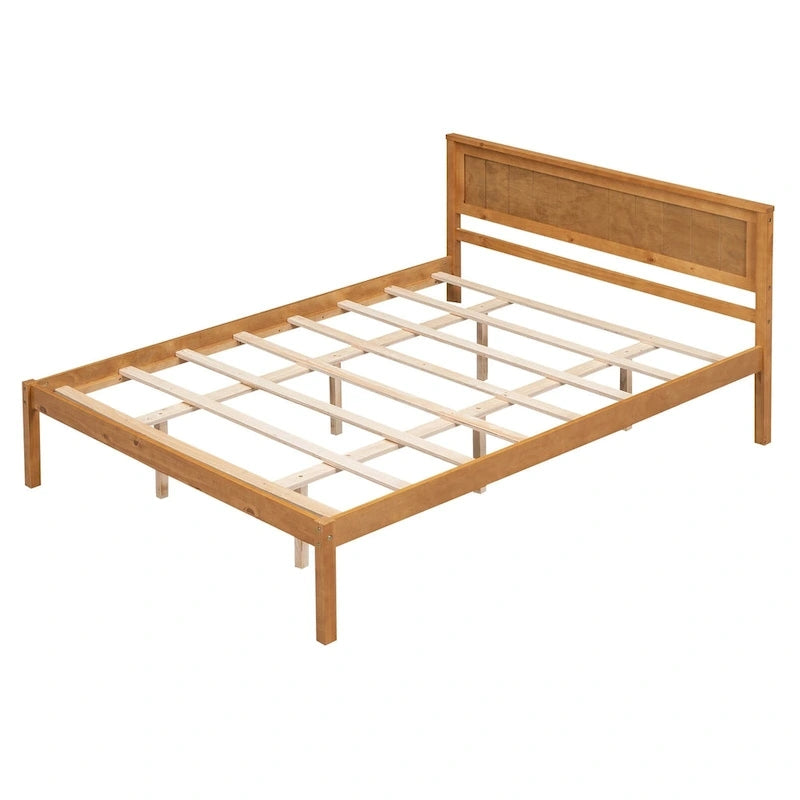 Espresso Queen Size Pine Wooden Platform Bed with Headboard and Wood Slat Support
