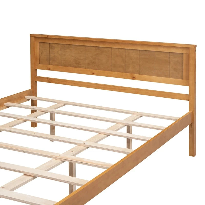 Espresso Queen Size Pine Wooden Platform Bed with Headboard and Wood Slat Support