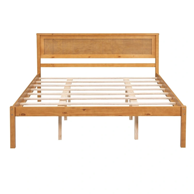 Espresso Queen Size Pine Wooden Platform Bed with Headboard and Wood Slat Support