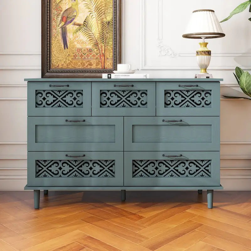 Retro Style 7-Drawer Horizontal Dresser with Carved Drawers Panel and Metal handle for Bedroom, Living Room