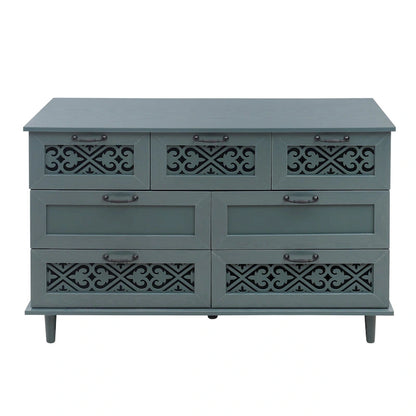 Retro Style 7-Drawer Horizontal Dresser with Carved Drawers Panel and Metal handle for Bedroom, Living Room