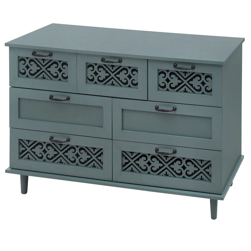 Retro Style 7-Drawer Horizontal Dresser with Carved Drawers Panel and Metal handle for Bedroom, Living Room