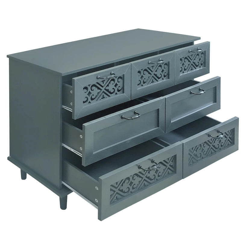 Retro Style 7-Drawer Horizontal Dresser with Carved Drawers Panel and Metal handle for Bedroom, Living Room