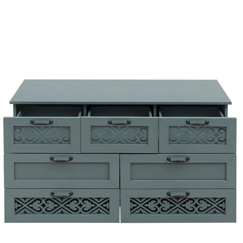 Retro Style 7-Drawer Horizontal Dresser with Carved Drawers Panel and Metal handle for Bedroom, Living Room