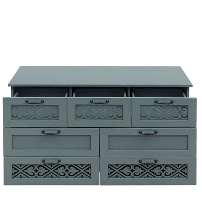 Retro Style 7-Drawer Horizontal Dresser with Carved Drawers Panel and Metal handle for Bedroom, Living Room