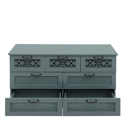 Retro Style 7-Drawer Horizontal Dresser with Carved Drawers Panel and Metal handle for Bedroom, Living Room