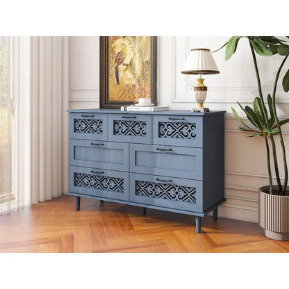 Retro Style 7-Drawer Horizontal Dresser with Carved Drawers Panel and Metal handle for Bedroom, Living Room