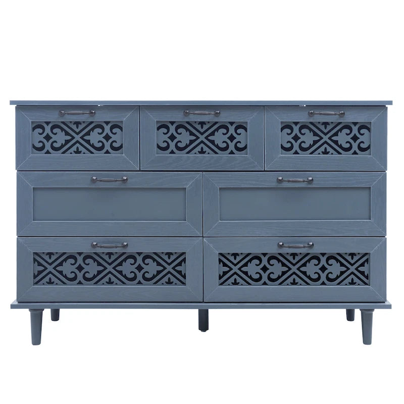 Retro Style 7-Drawer Horizontal Dresser with Carved Drawers Panel and Metal handle for Bedroom, Living Room
