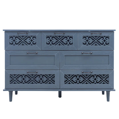 Retro Style 7-Drawer Horizontal Dresser with Carved Drawers Panel and Metal handle for Bedroom, Living Room
