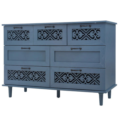 Retro Style 7-Drawer Horizontal Dresser with Carved Drawers Panel and Metal handle for Bedroom, Living Room