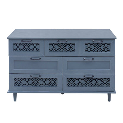 Retro Style 7-Drawer Horizontal Dresser with Carved Drawers Panel and Metal handle for Bedroom, Living Room