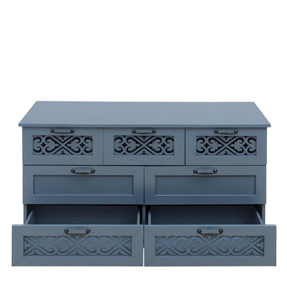 Retro Style 7-Drawer Horizontal Dresser with Carved Drawers Panel and Metal handle for Bedroom, Living Room