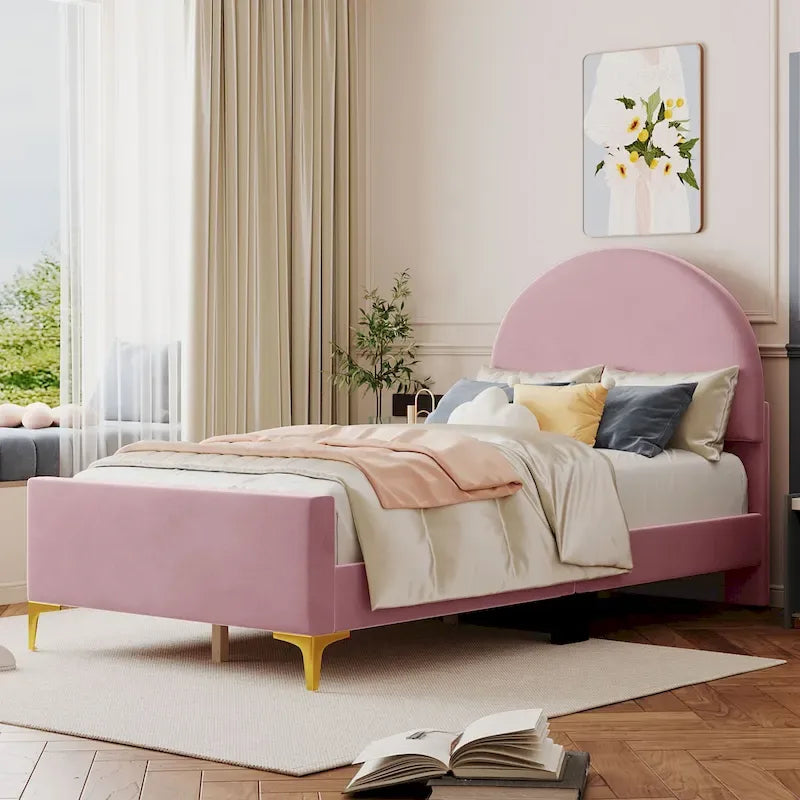 Twin Velvet Platform Bed with Semi-Circle Headboard
