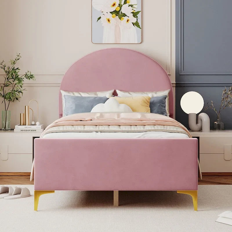 Twin Velvet Platform Bed with Semi-Circle Headboard