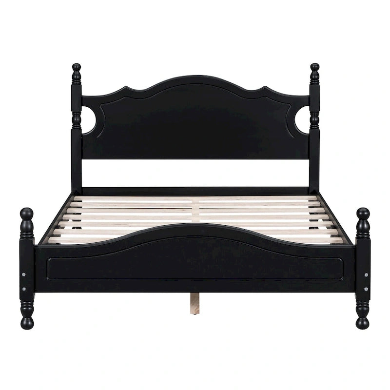 Retro Style Pine Wood Platform Bed Frame with Headboard and Footboard, Wooden Slat Support