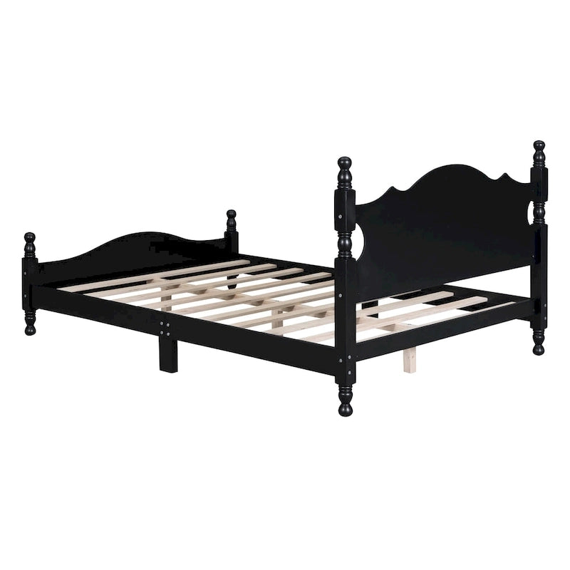 Retro Style Pine Wood Platform Bed Frame with Headboard and Footboard, Wooden Slat Support