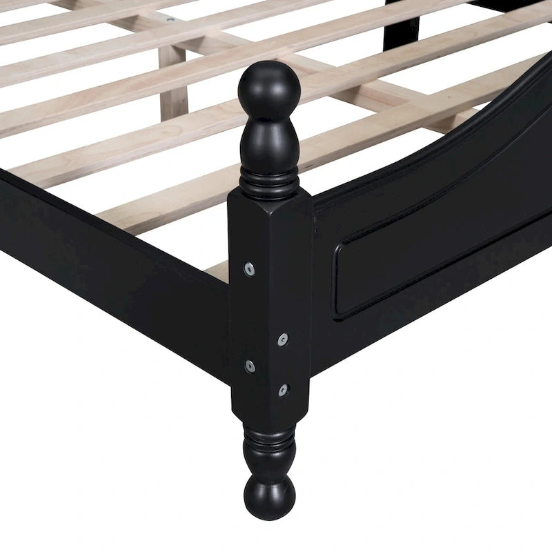 Retro Style Pine Wood Platform Bed Frame with Headboard and Footboard, Wooden Slat Support