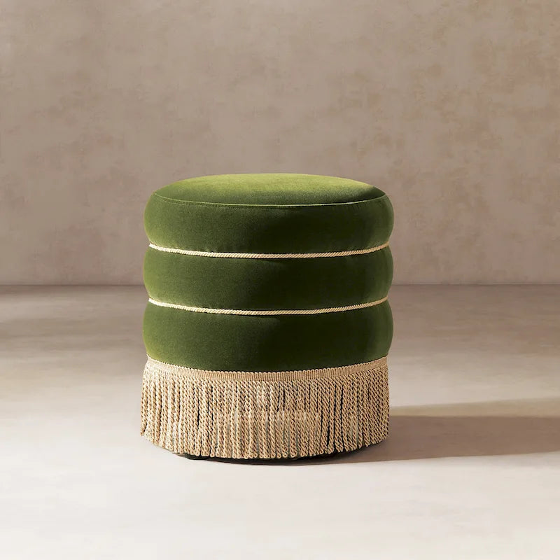 Edward 17.5 Round Upholstered Ottoman with Gold Bullion Fringe