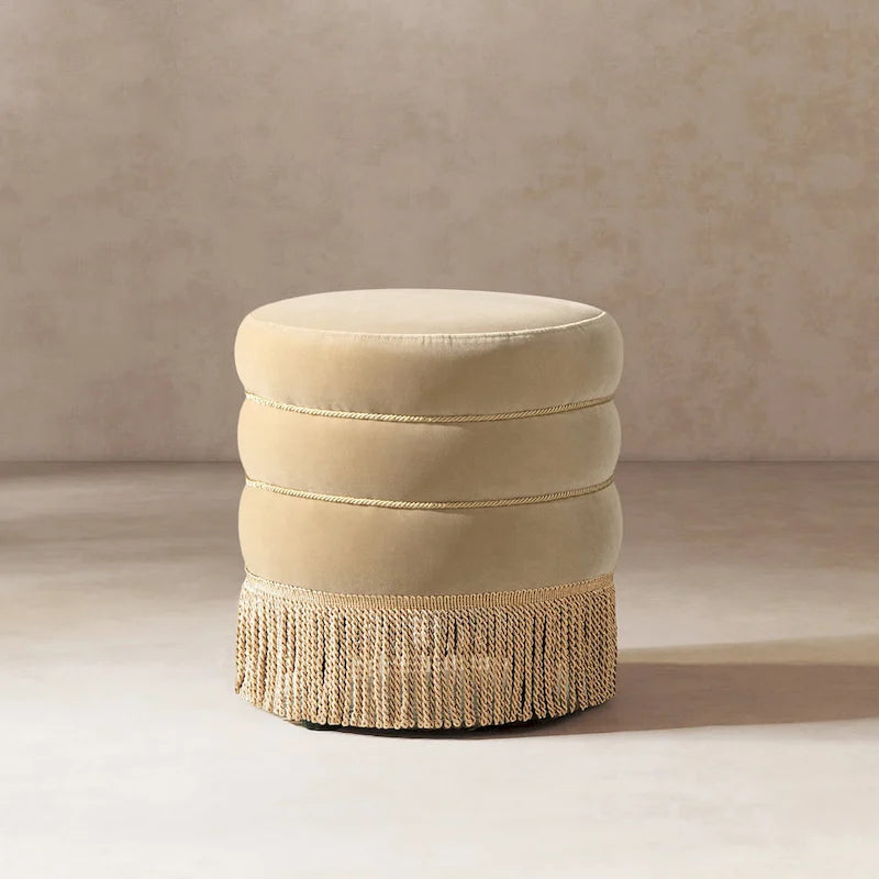 Edward 17.5 Round Upholstered Ottoman with Gold Bullion Fringe