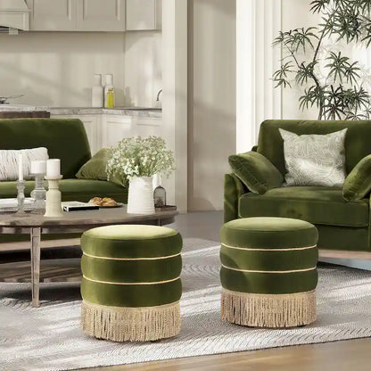 Edward 17.5 Round Upholstered Ottoman with Gold Bullion Fringe