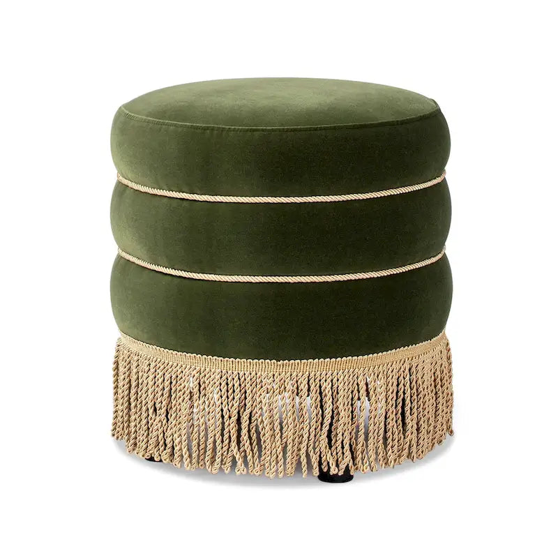 Edward 17.5 Round Upholstered Ottoman with Gold Bullion Fringe