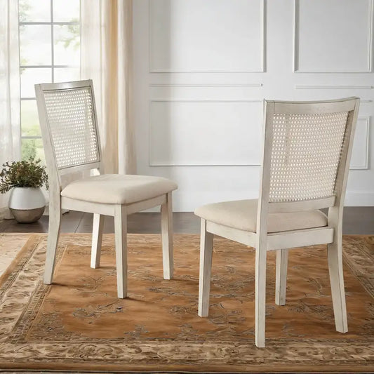 Ronda Beige Linen Rattan Back Dining Chairs (Set of 2)