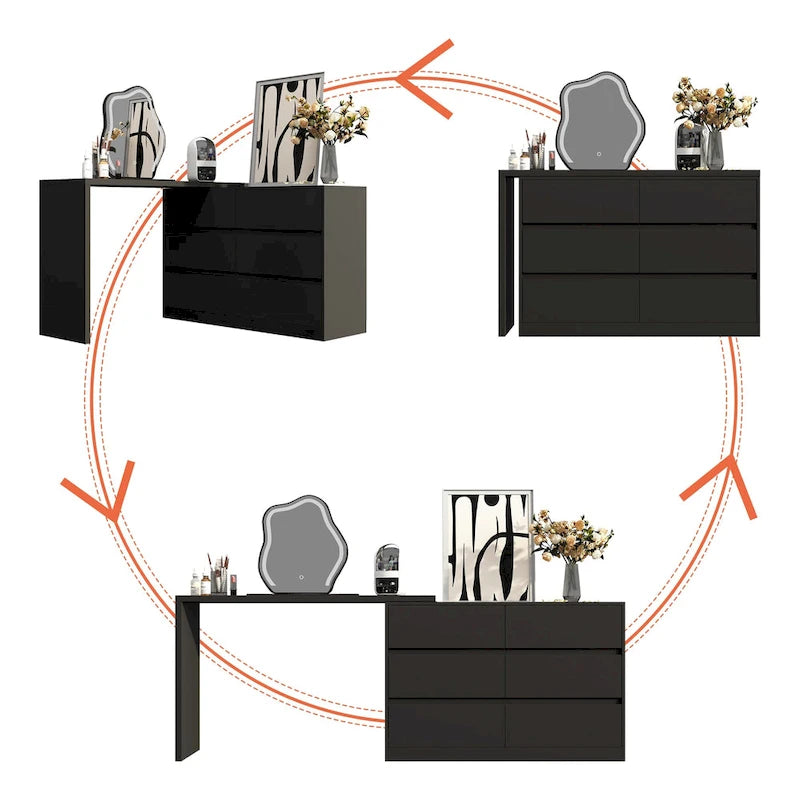 Timechee Home Rotating Dresser and Desk 6 Drawer Dresser Vanity Makeup