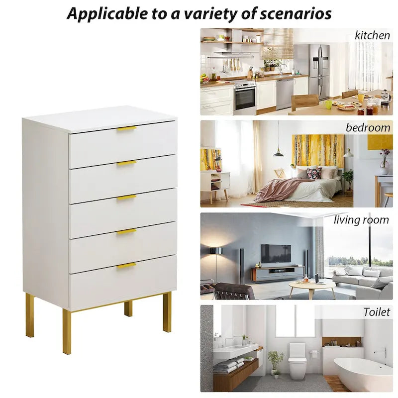 5 Drawer Dresser Chest of Drawers with Metal Leg Wood Dresser Storage