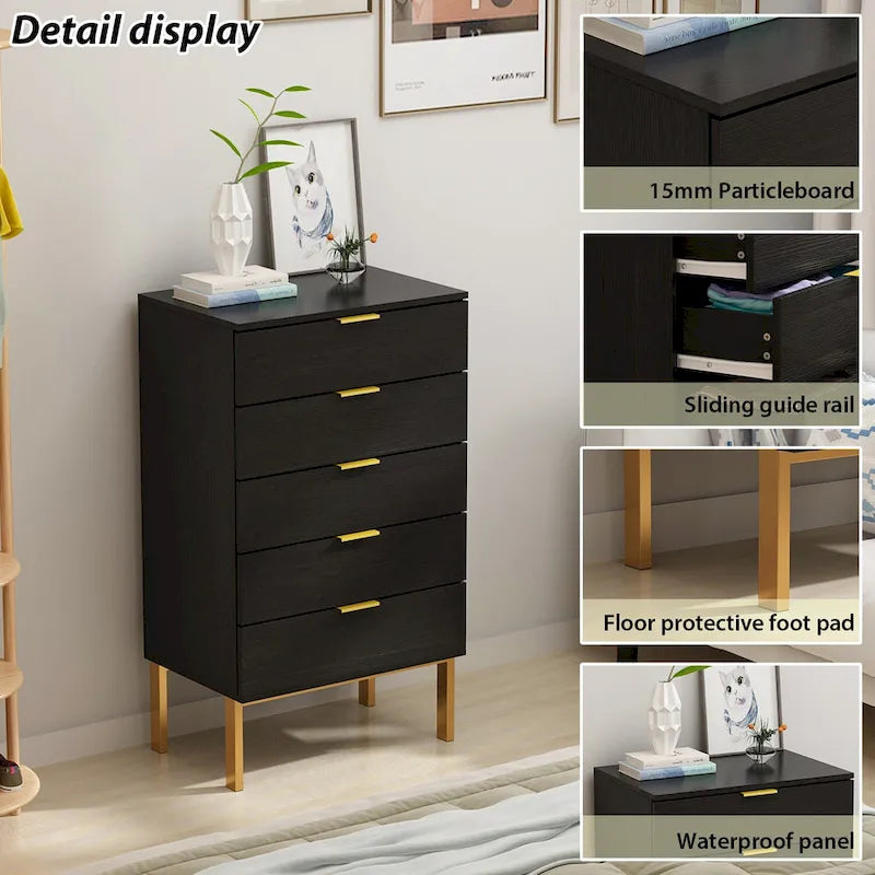 5 Drawer Dresser Chest of Drawers with Metal Leg Wood Dresser Storage