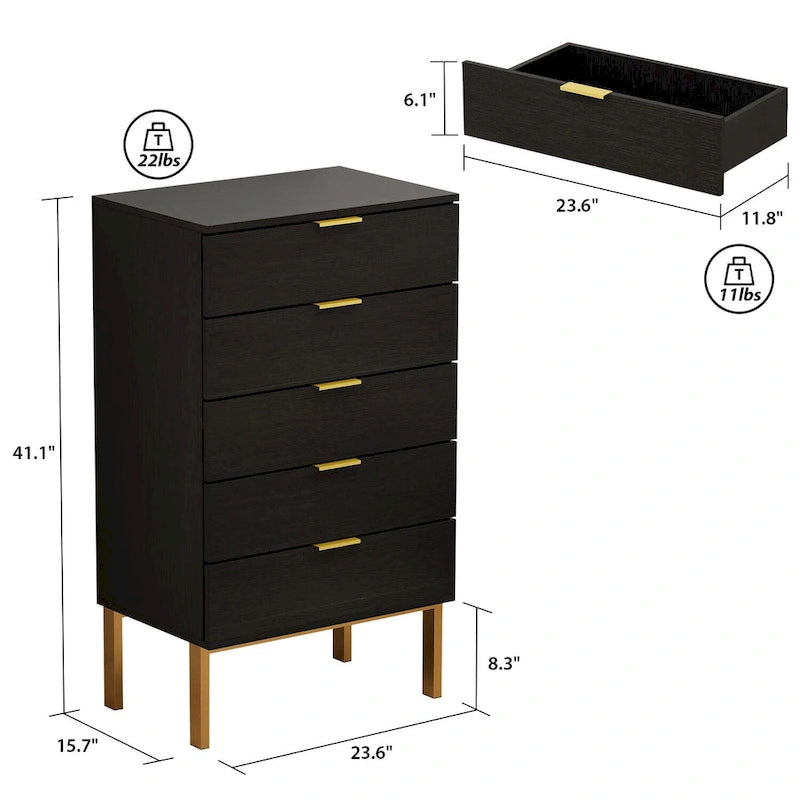 5 Drawer Dresser Chest of Drawers with Metal Leg Wood Dresser Storage