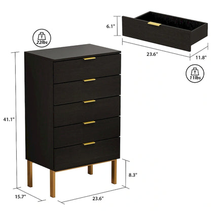 5 Drawer Dresser Chest of Drawers with Metal Leg Wood Dresser Storage