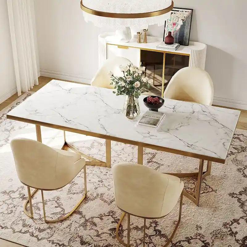 Modern Marble Dining Table with White Rectangular Tabletop Gold Stainless Legs, Dining Room Table for 4-6 - 63
