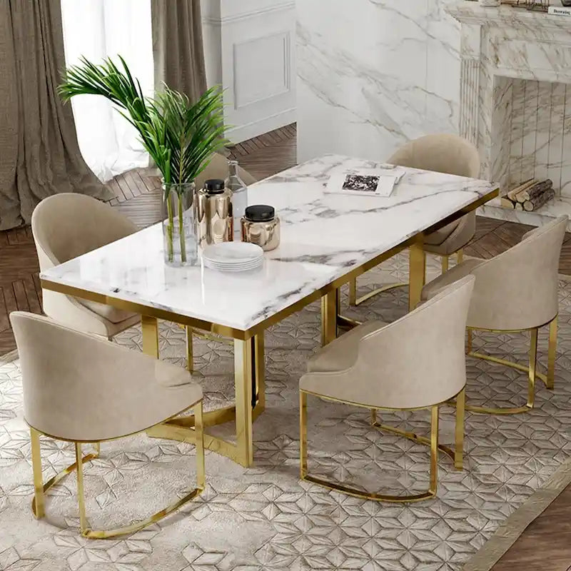 Modern Marble Dining Table with White Rectangular Tabletop Gold Stainless Legs, Dining Room Table for 4-6 - 63