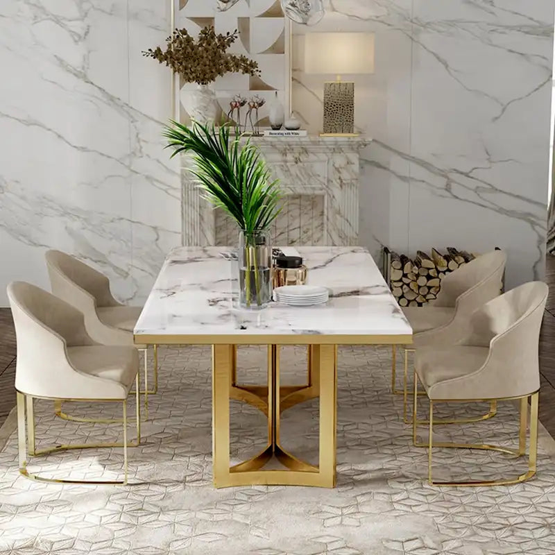 Modern Marble Dining Table with White Rectangular Tabletop Gold Stainless Legs, Dining Room Table for 4-6 - 63