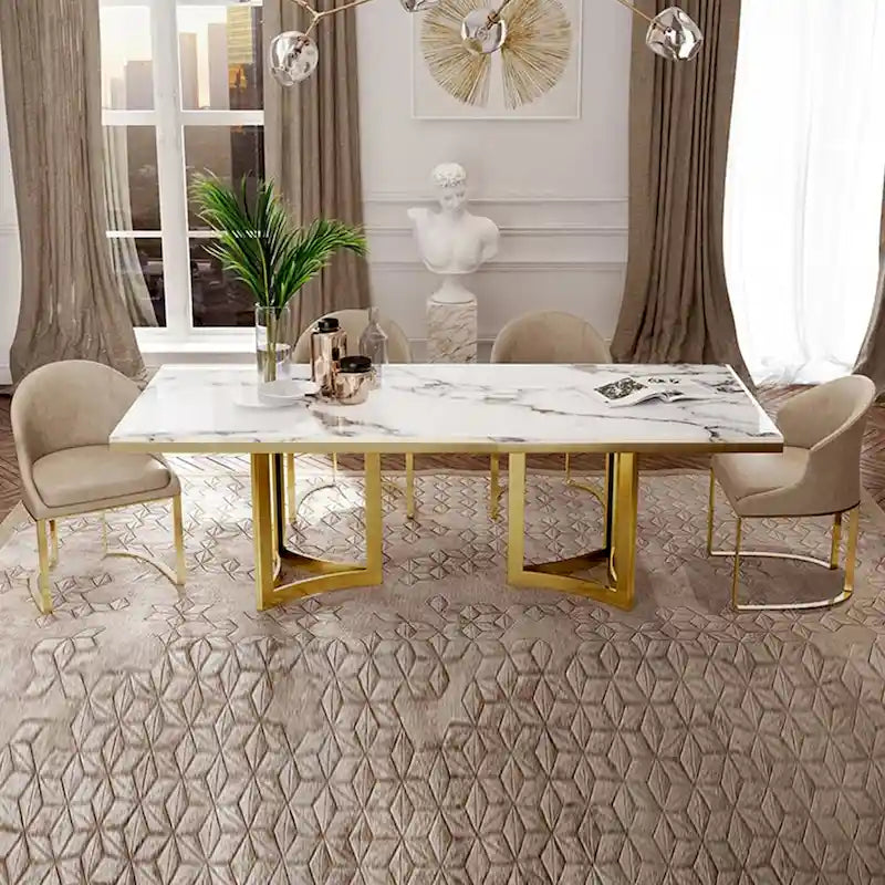 Modern Marble Dining Table with White Rectangular Tabletop Gold Stainless Legs, Dining Room Table for 4-6 - 63