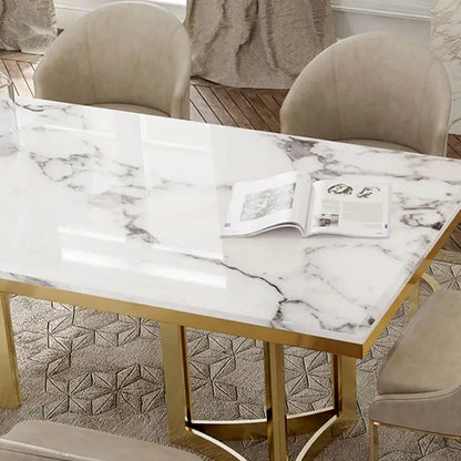 Modern Marble Dining Table with White Rectangular Tabletop Gold Stainless Legs, Dining Room Table for 4-6 - 63