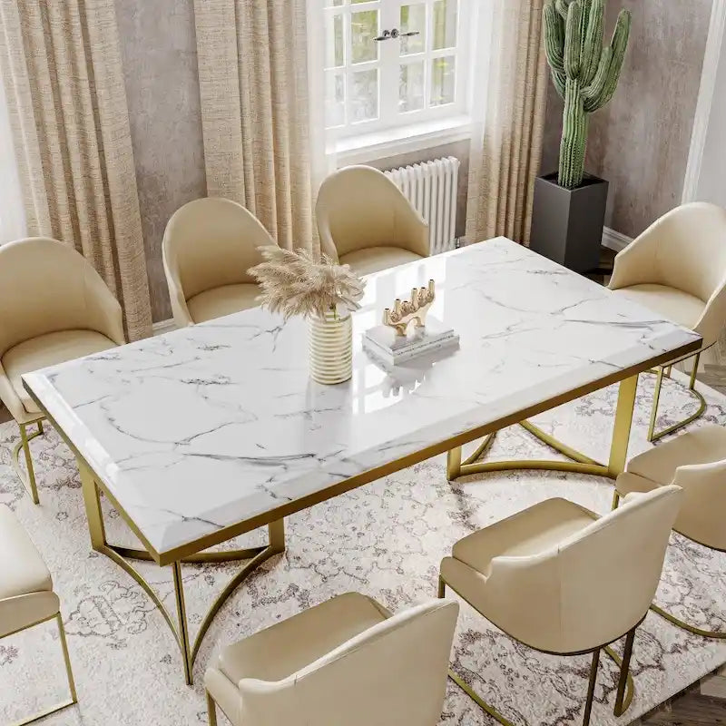 Modern Marble Dining Table with White Rectangular Tabletop Gold Stainless Legs, Dining Room Table for 4-6 - 63