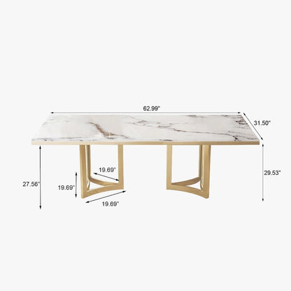 Modern Marble Dining Table with White Rectangular Tabletop Gold Stainless Legs, Dining Room Table for 4-6 - 63