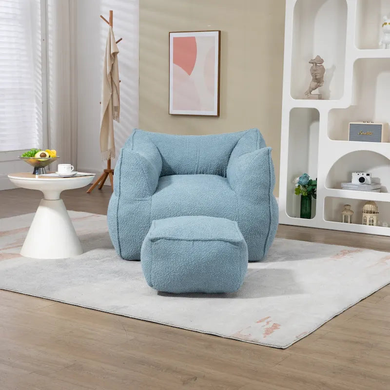 Boucle Upholstered Deep Seat Armless Square Bean Bag Chair with Ottoman